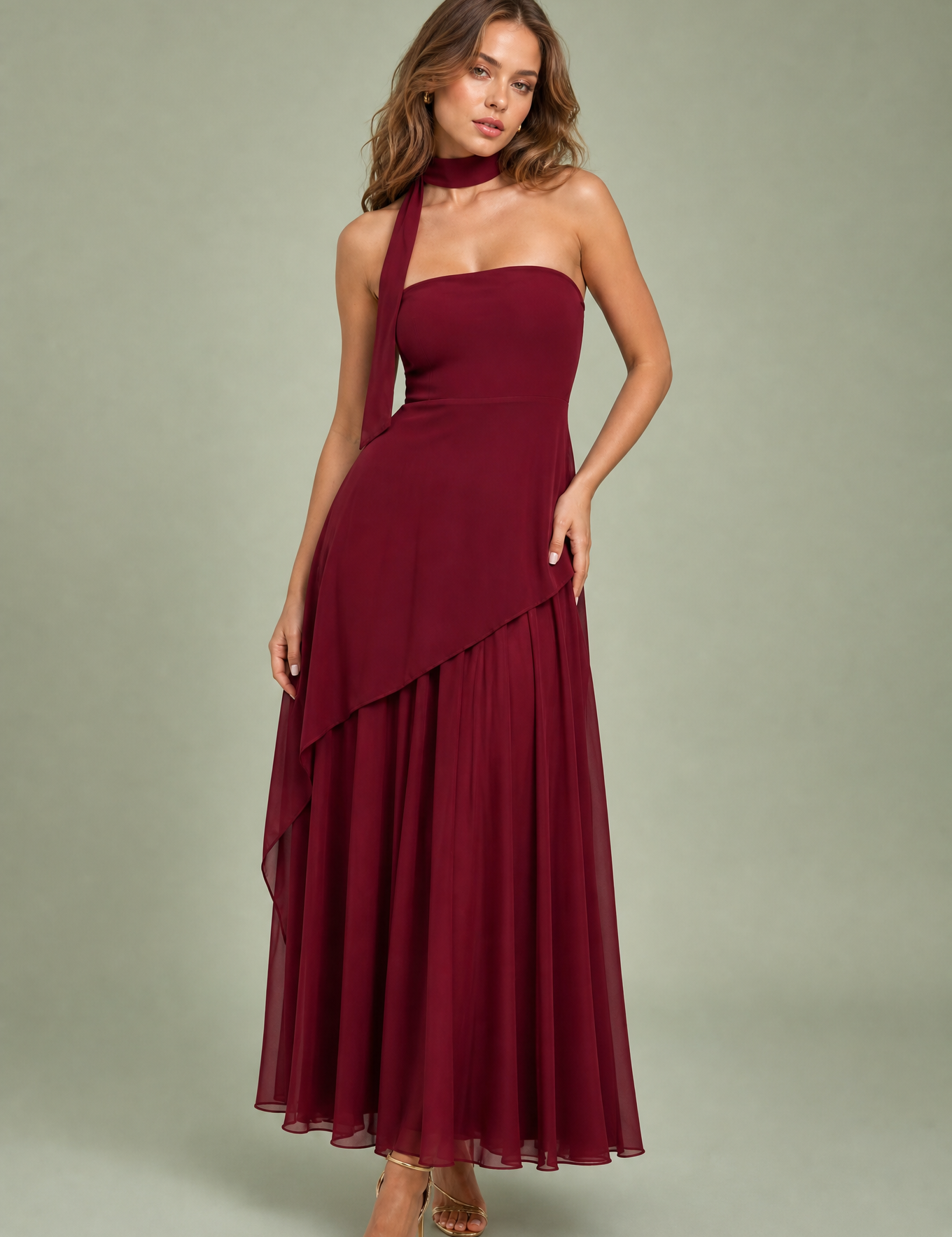 Robe longue asymétrique avec tour de cou | Vue de face | Lounelle Paris