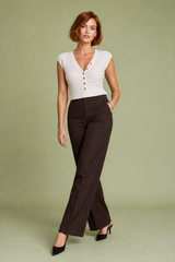 Strikket beige stripete V-hals topp