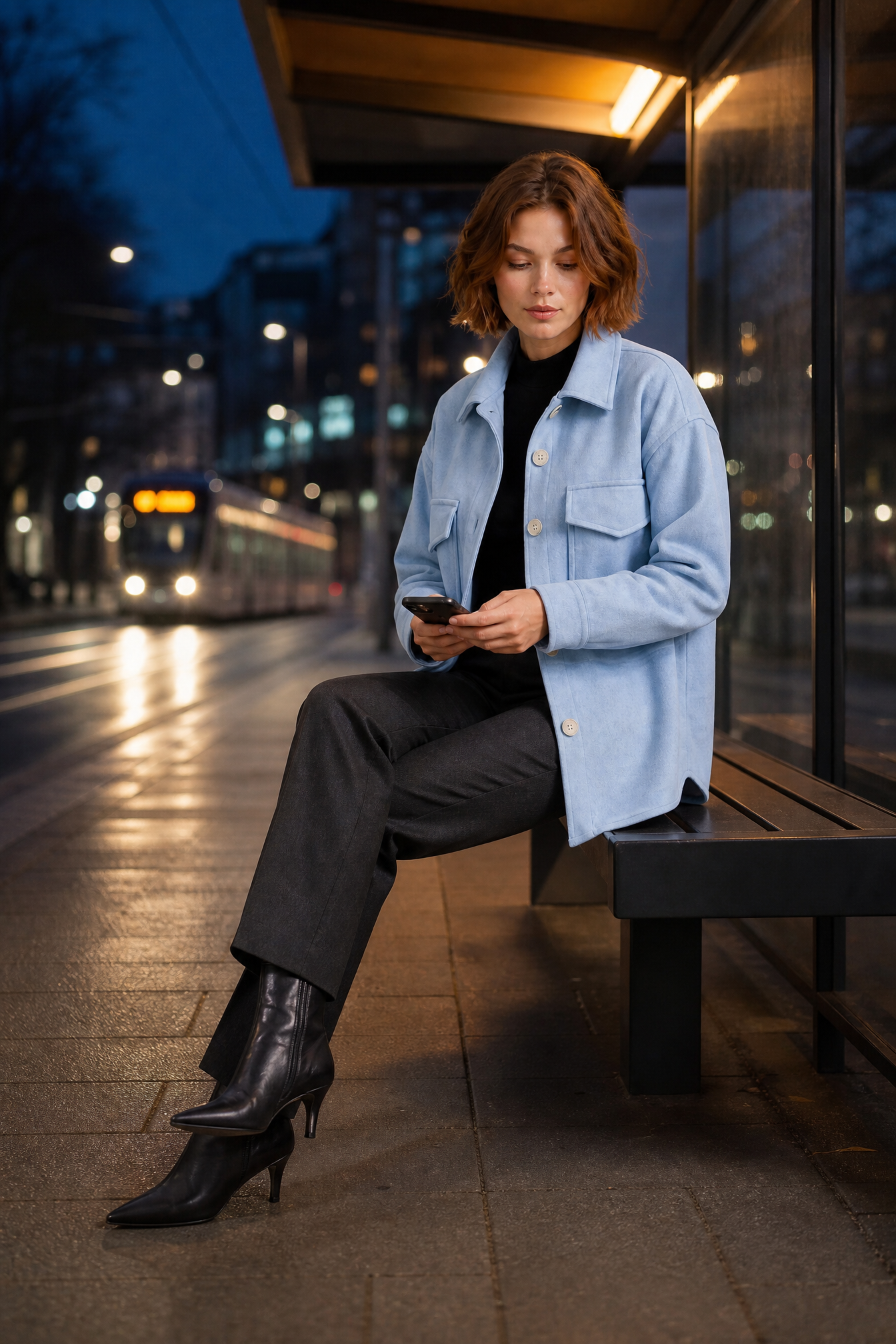 Manteau mi-long ample à revers | Variante Bleu - Lifestyle | Lounelle Paris