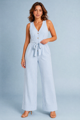 Stripet jumpsuit med V-hals