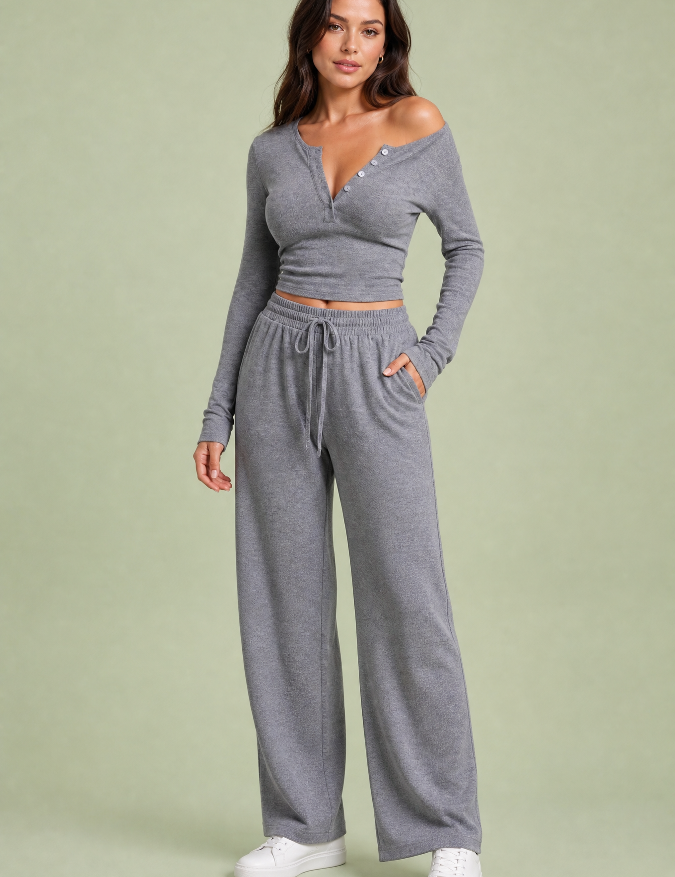 Ensemble col V et pantalon large | Vue de face | Lounelle Paris