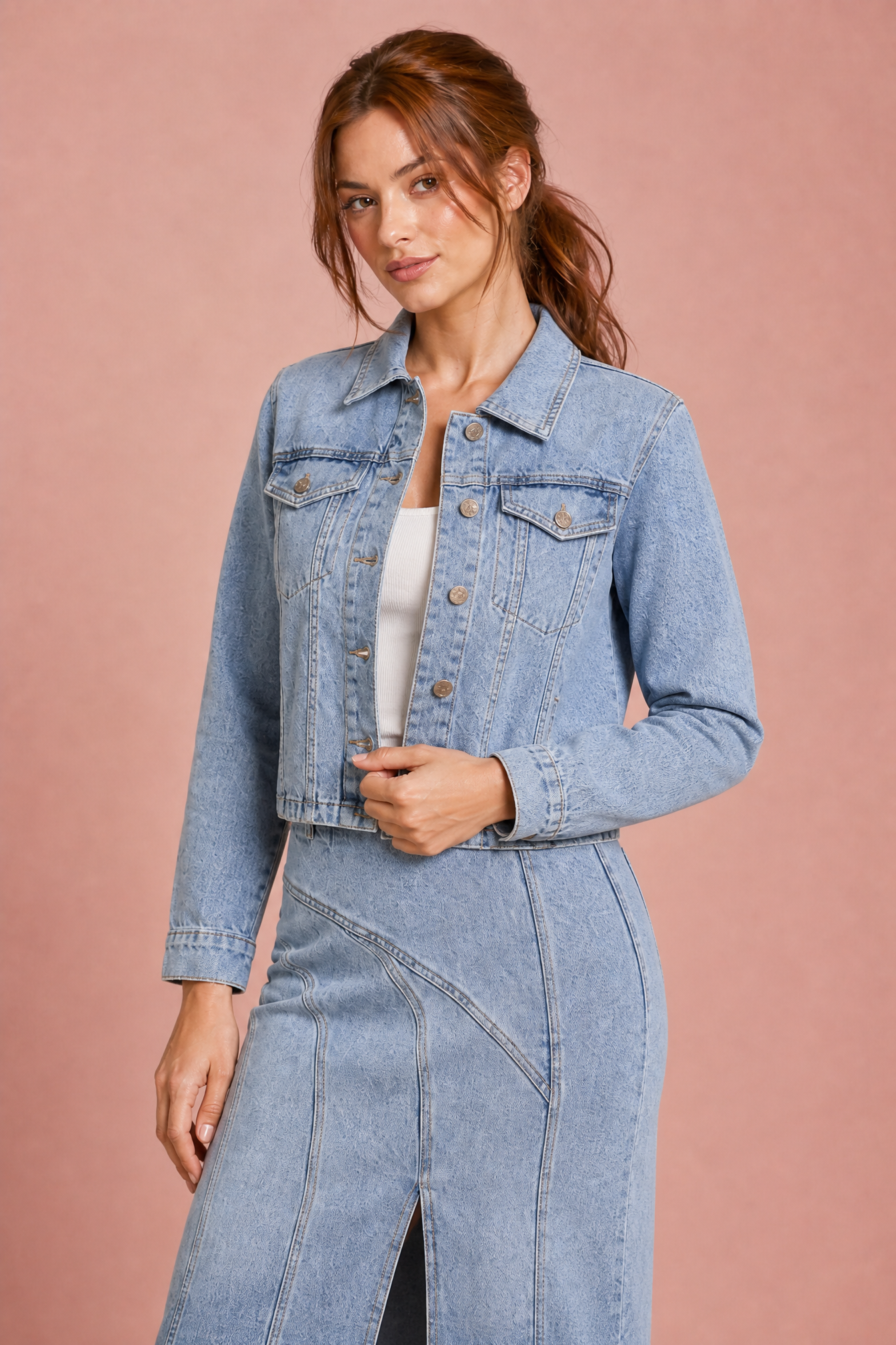 Ensemble veste jean et jupe midi | Vue rapprochée | Lounelle Paris