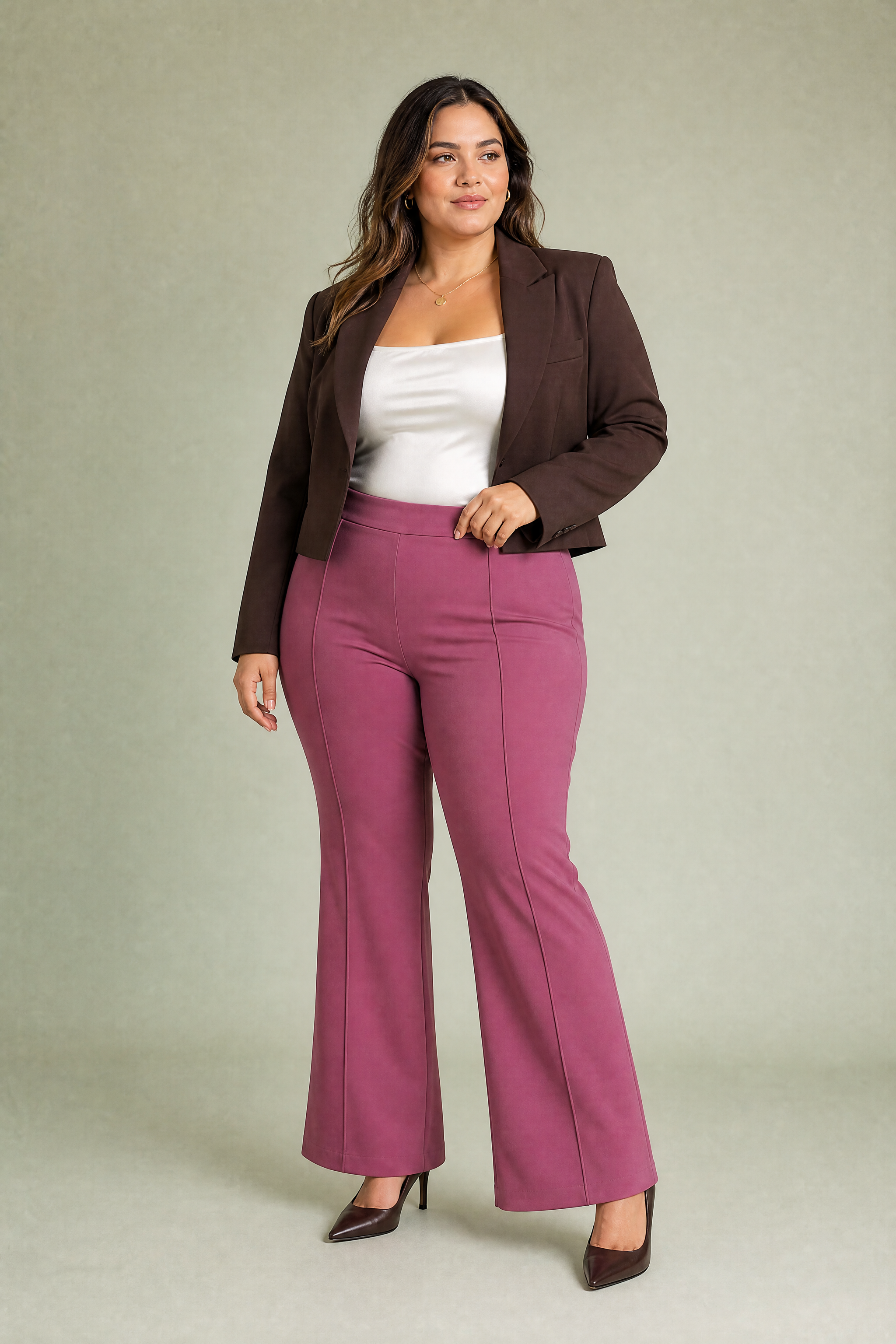 Pantalon taille haute micro-évasé | Porté sur une silhouette plus ronde | Lounelle Paris