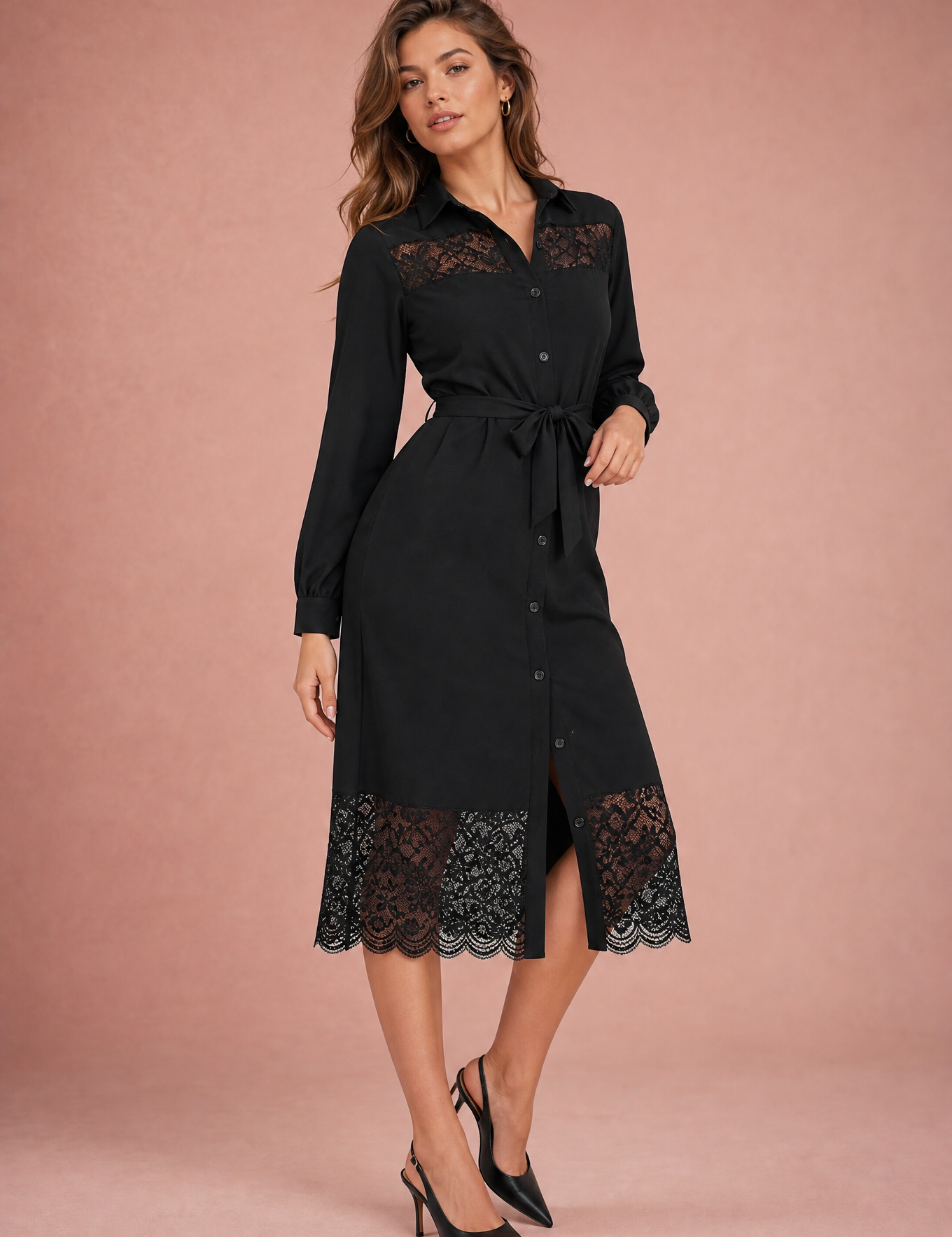 Robe chemise noire à dentelle | Vue de face | Lounelle Paris