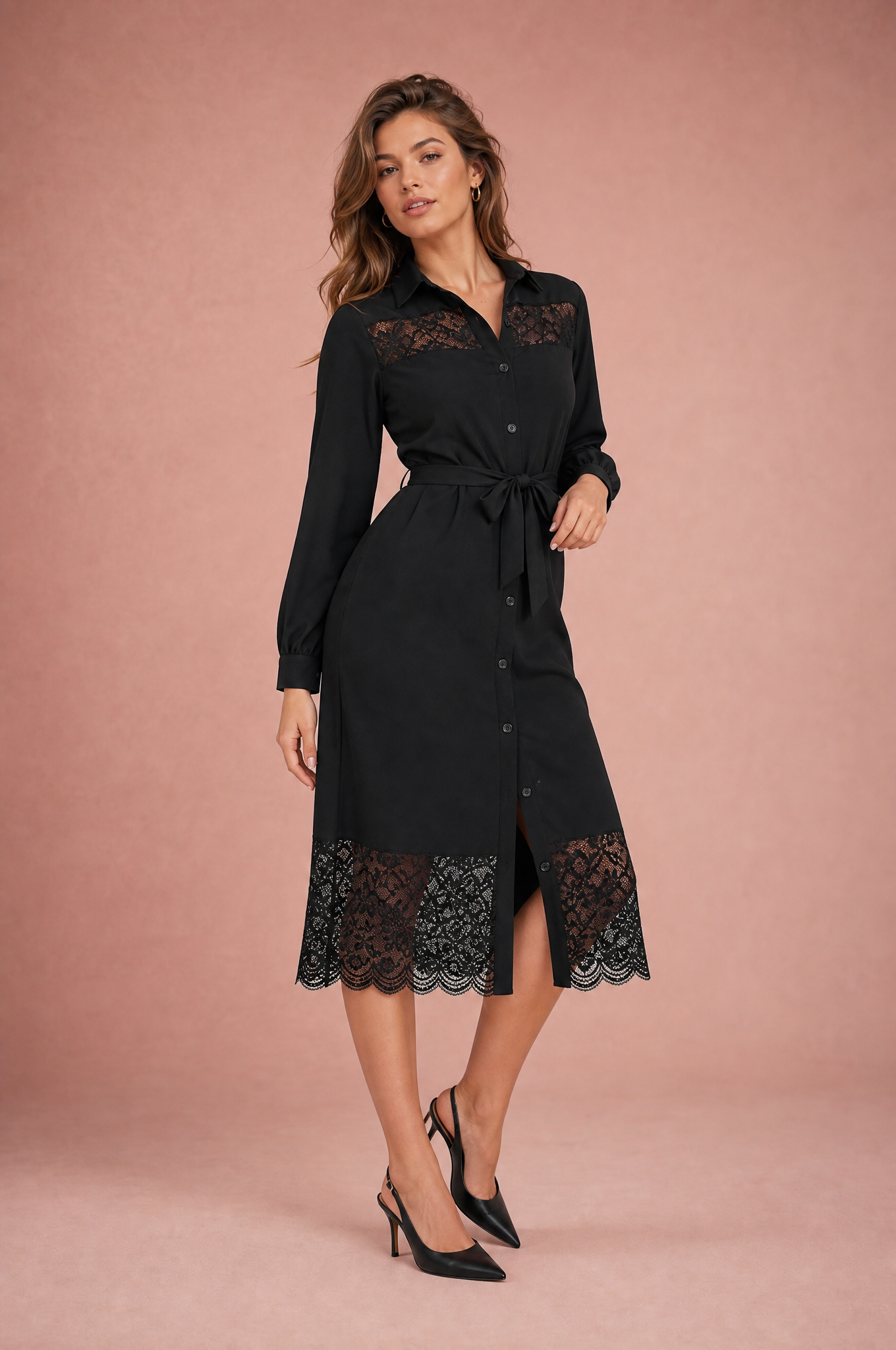 Robe chemise noire à dentelle | Vue de face | Lounelle Paris