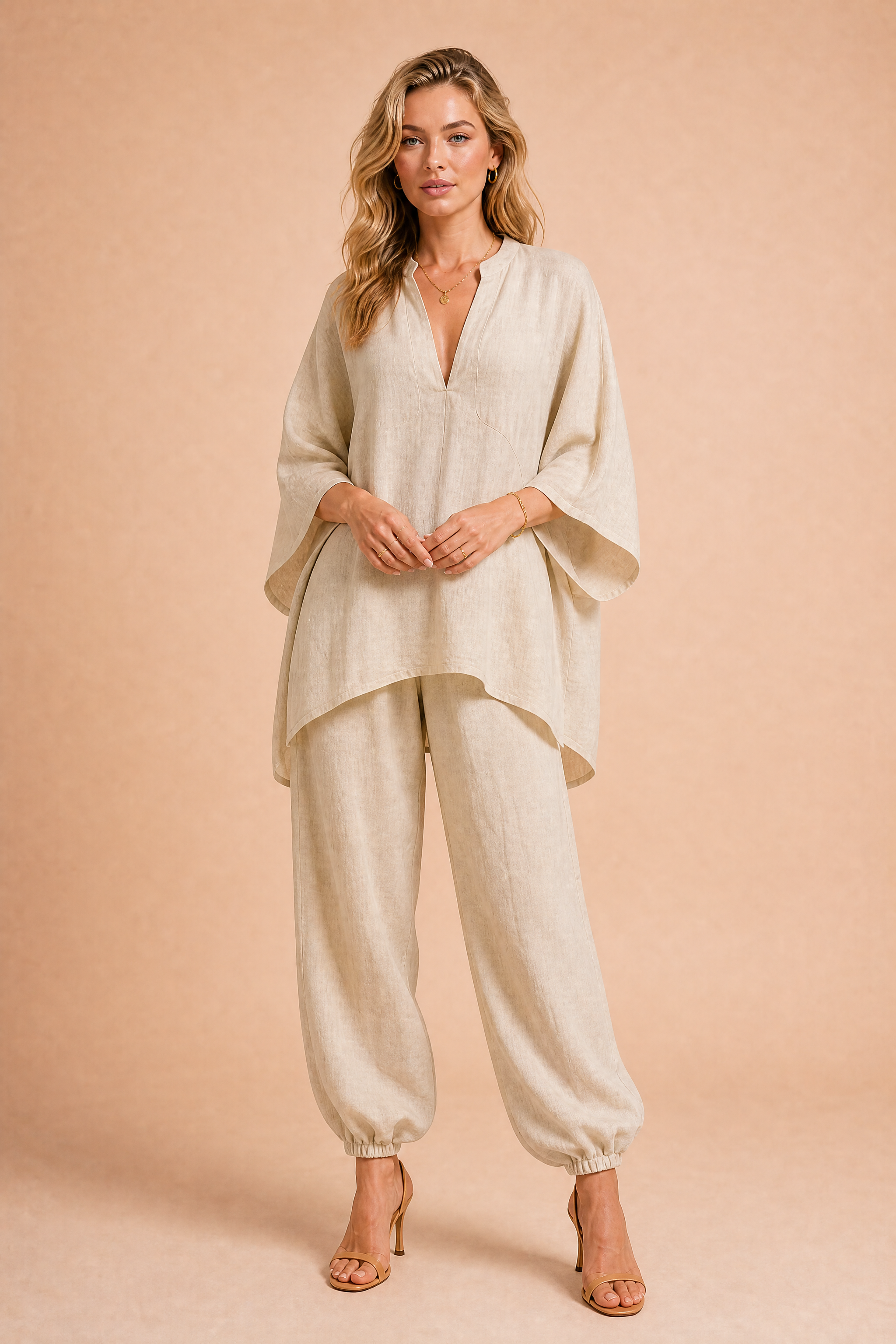 Ensemble fluide col V | Variante Beige | Lounelle Paris