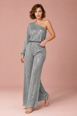 Asymmetrisk sølvpaljett jumpsuit