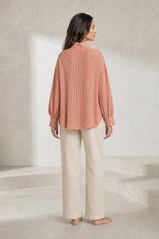 Blouse rouge orangée à rayures lavallière | Lounelle Paris