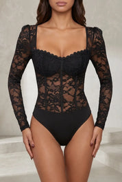 Body noir dentelle encolure carrée | Lounelle Paris