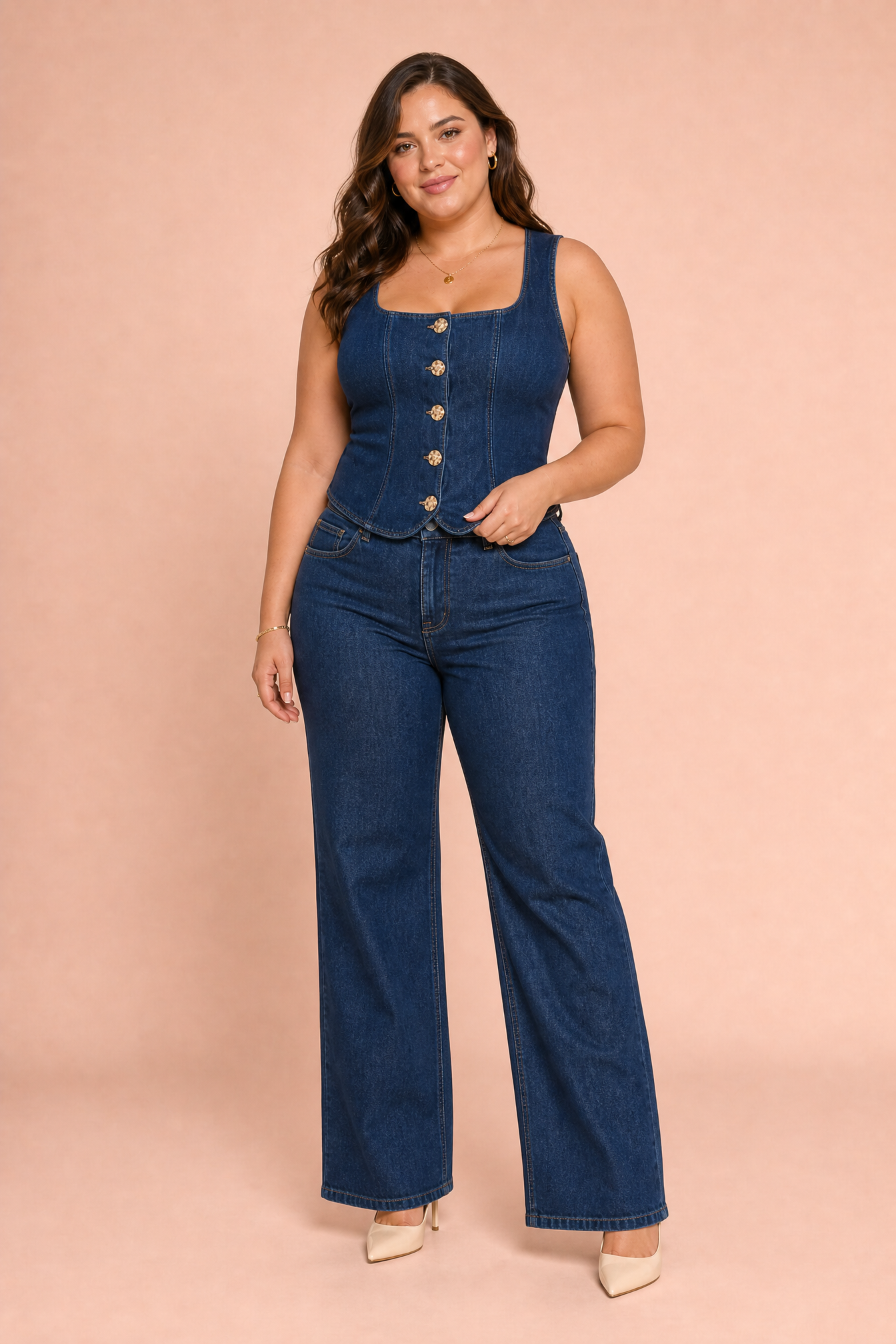 Ensemble denim sans manches taille haute | Porté sur une silhouette plus ronde | Lounelle Paris