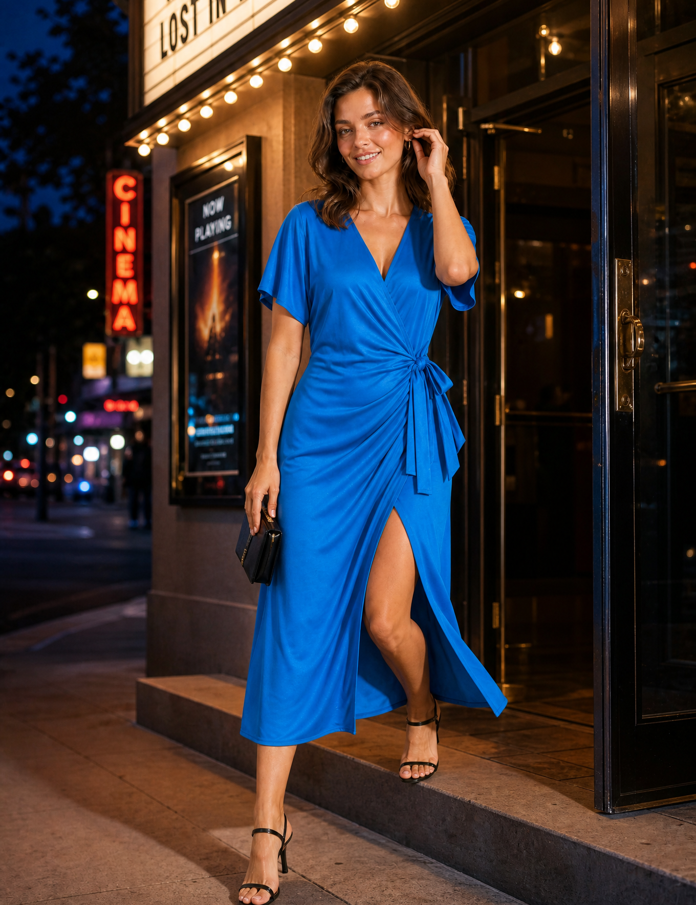 Robe midi portefeuille col V | Variante Bleu - Lifestyle | Lounelle Paris