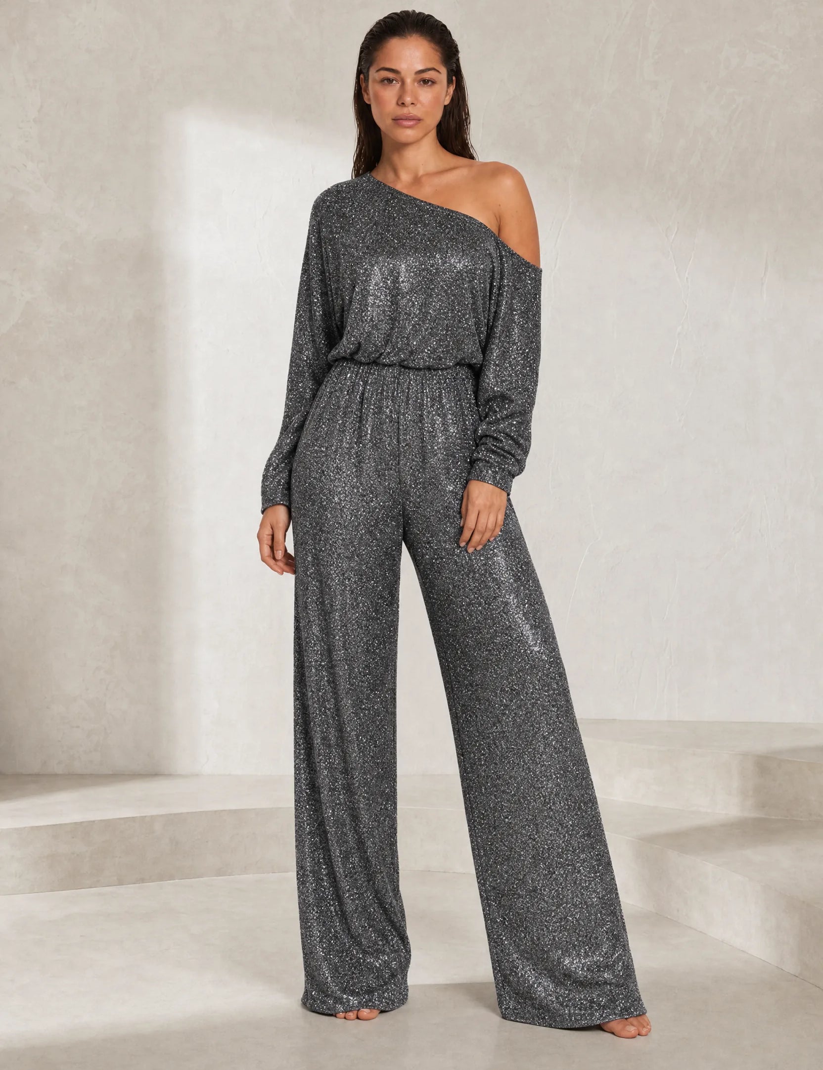Combinaison argentée pailletée asymétrique | Lounelle Paris