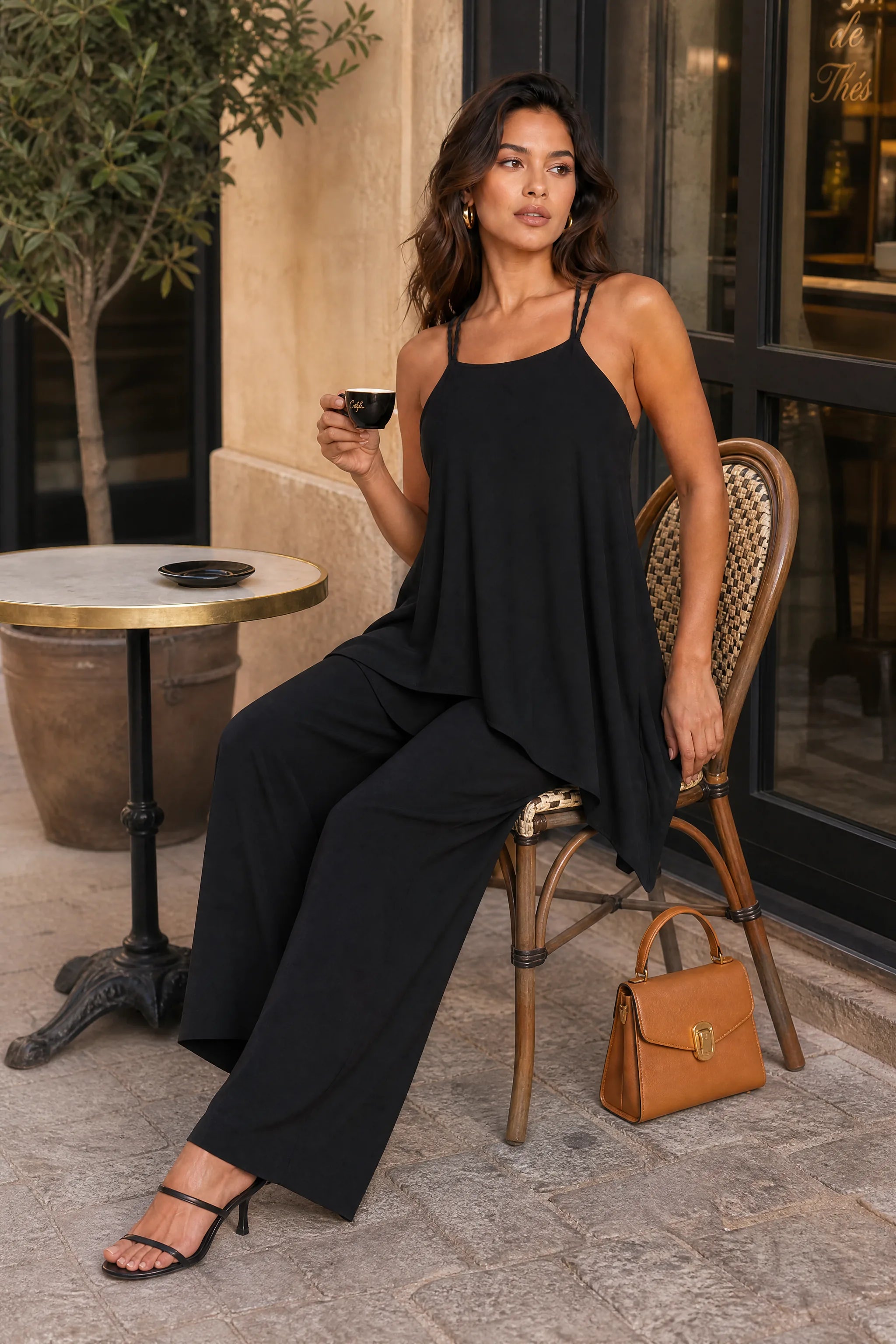 Combinaison noire bretelles tressées | Photo lifestyle | Lounelle Paris