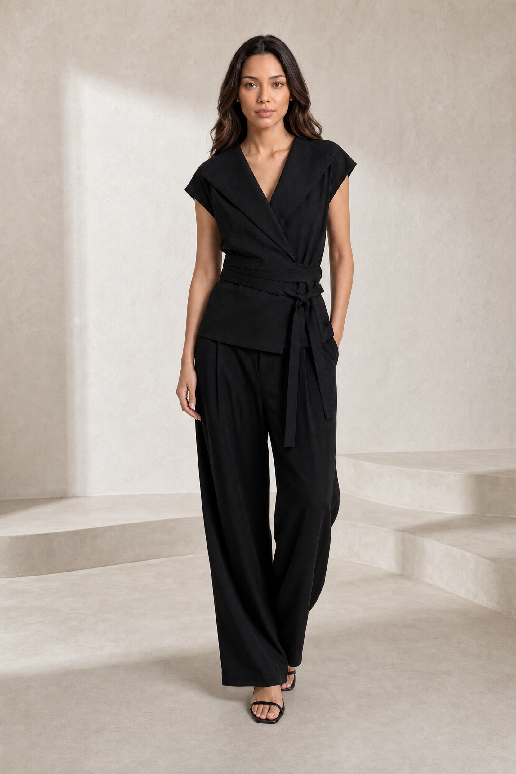 Gilet noir col V ceinturé | Lounelle Paris