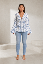 Blouse fleurie col V manches évasées | Lounelle Paris