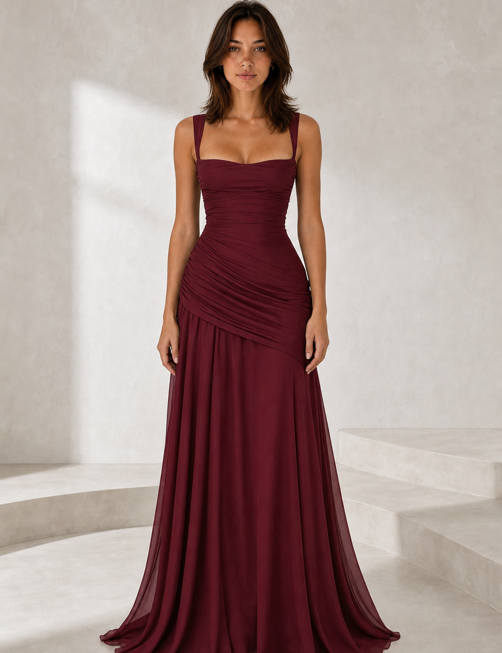 Robe longue dos nu drapée variante bordeaux