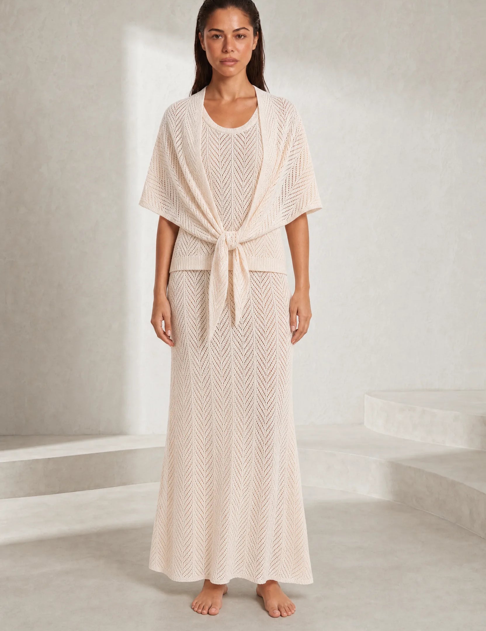 Ensemble 3 pièces beige maille ajourée | Lounelle Paris