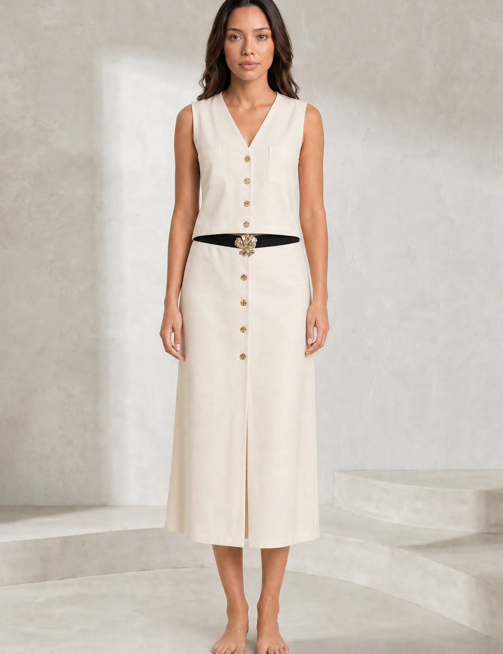 Ensemble crème col V ceinturé | Lounelle Paris