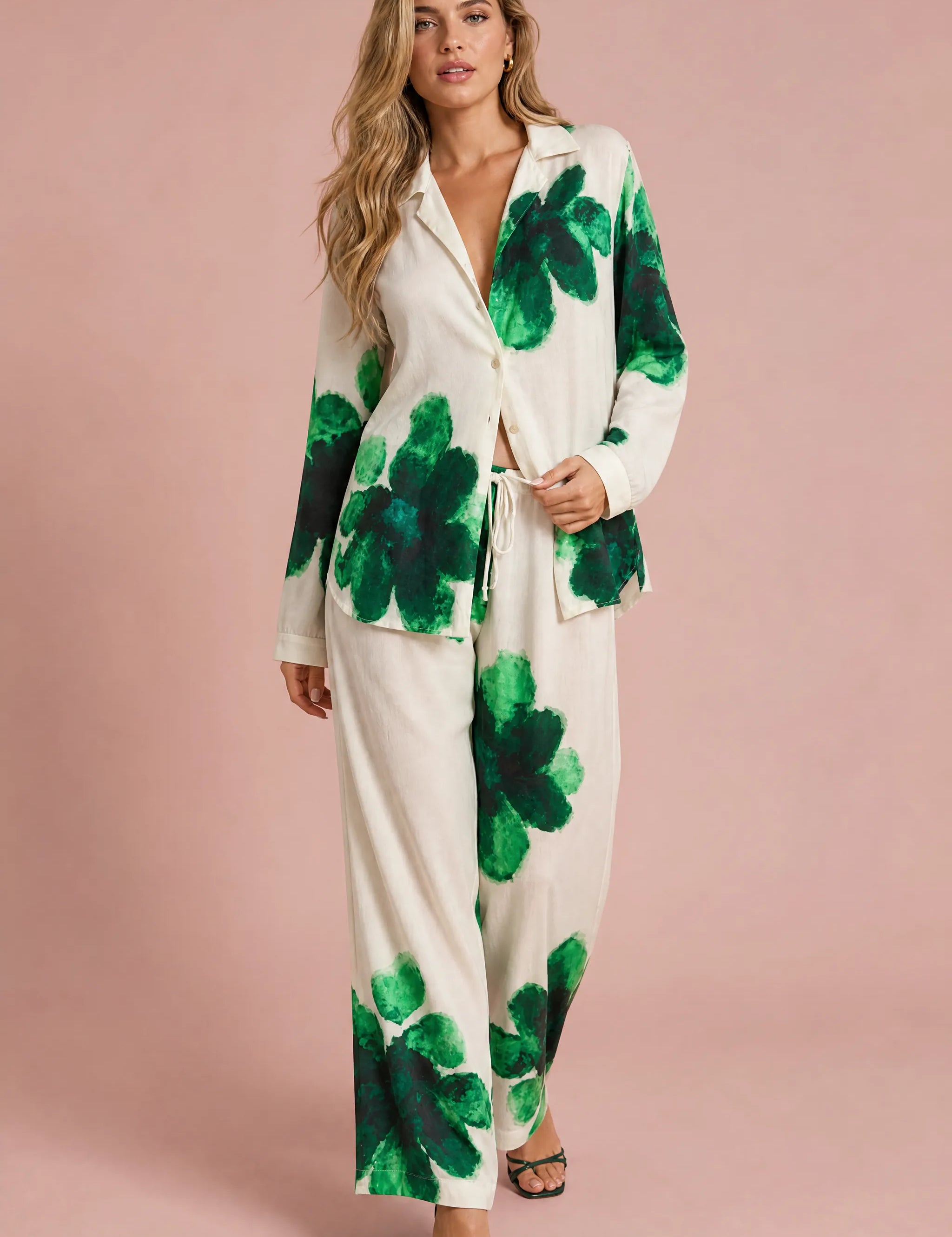 Ensemble écru fluide imprimé floral | Vue de face | Lounelle Paris