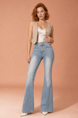 Blå vaskede høytaljede bootcut-jeans