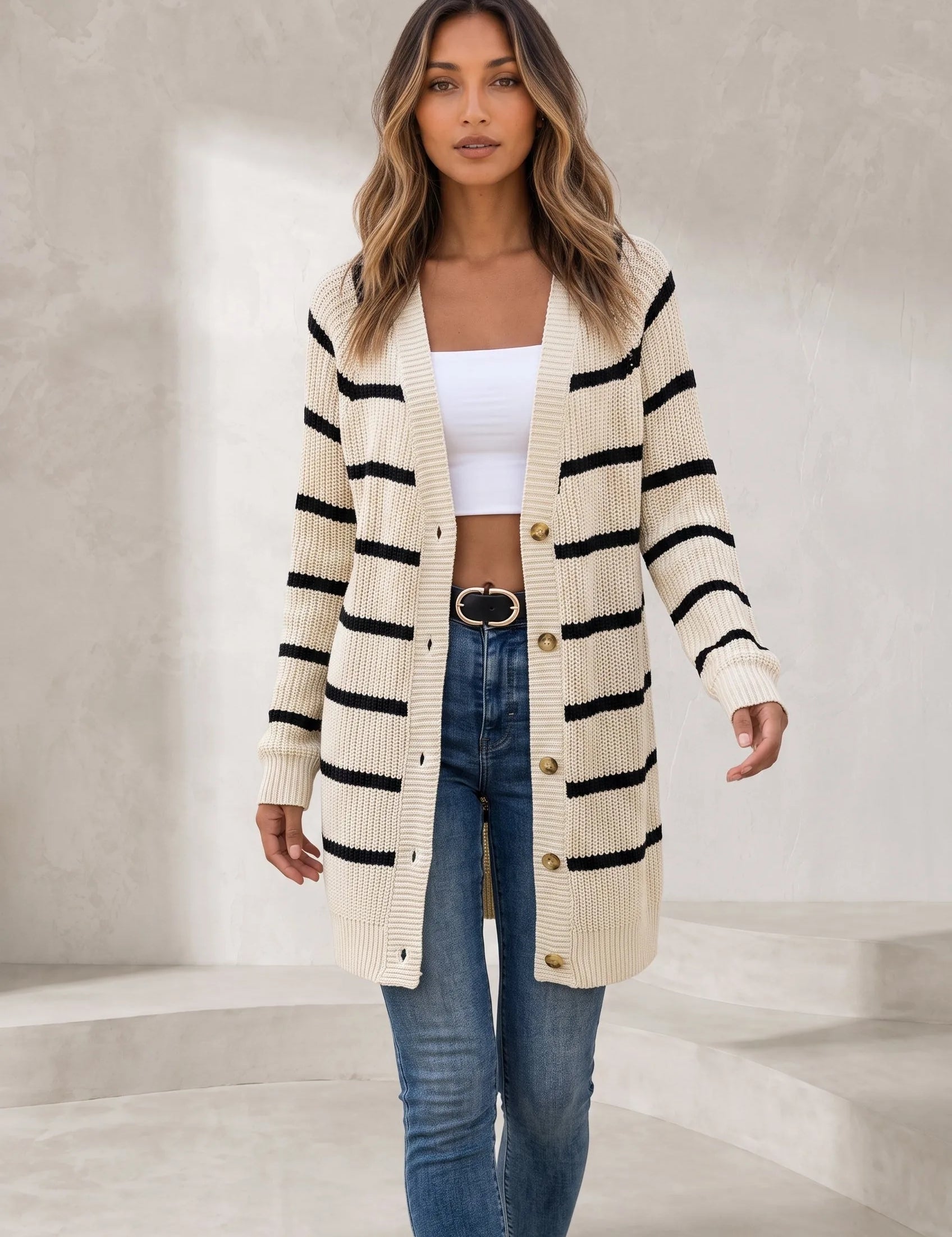 Gilet abricot rayé mi-long | Lounelle Paris