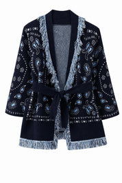 Gilet bleu marine col V franges | Lounelle Paris