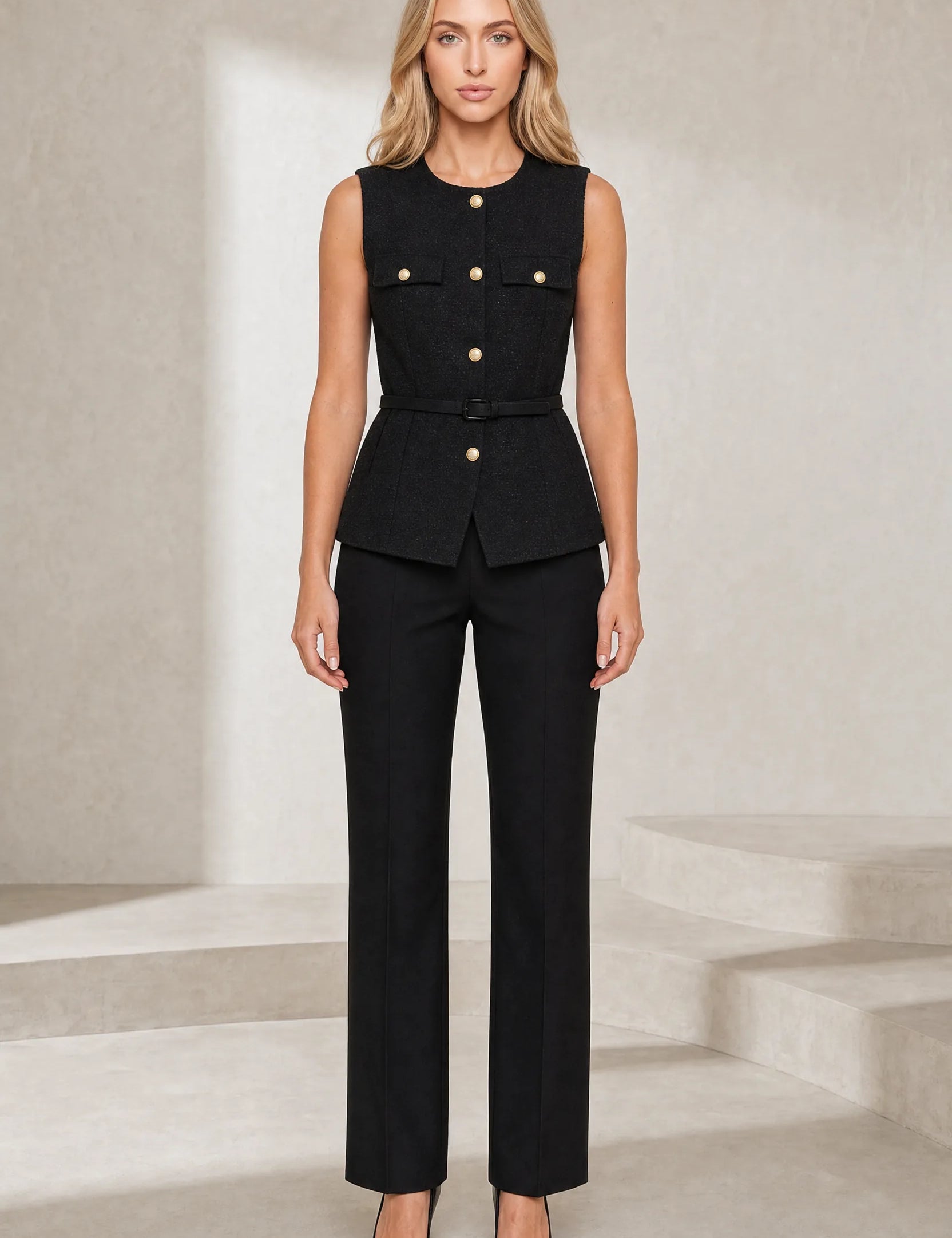 Gilet sans manches texturé ceinturé | Lounelle Paris