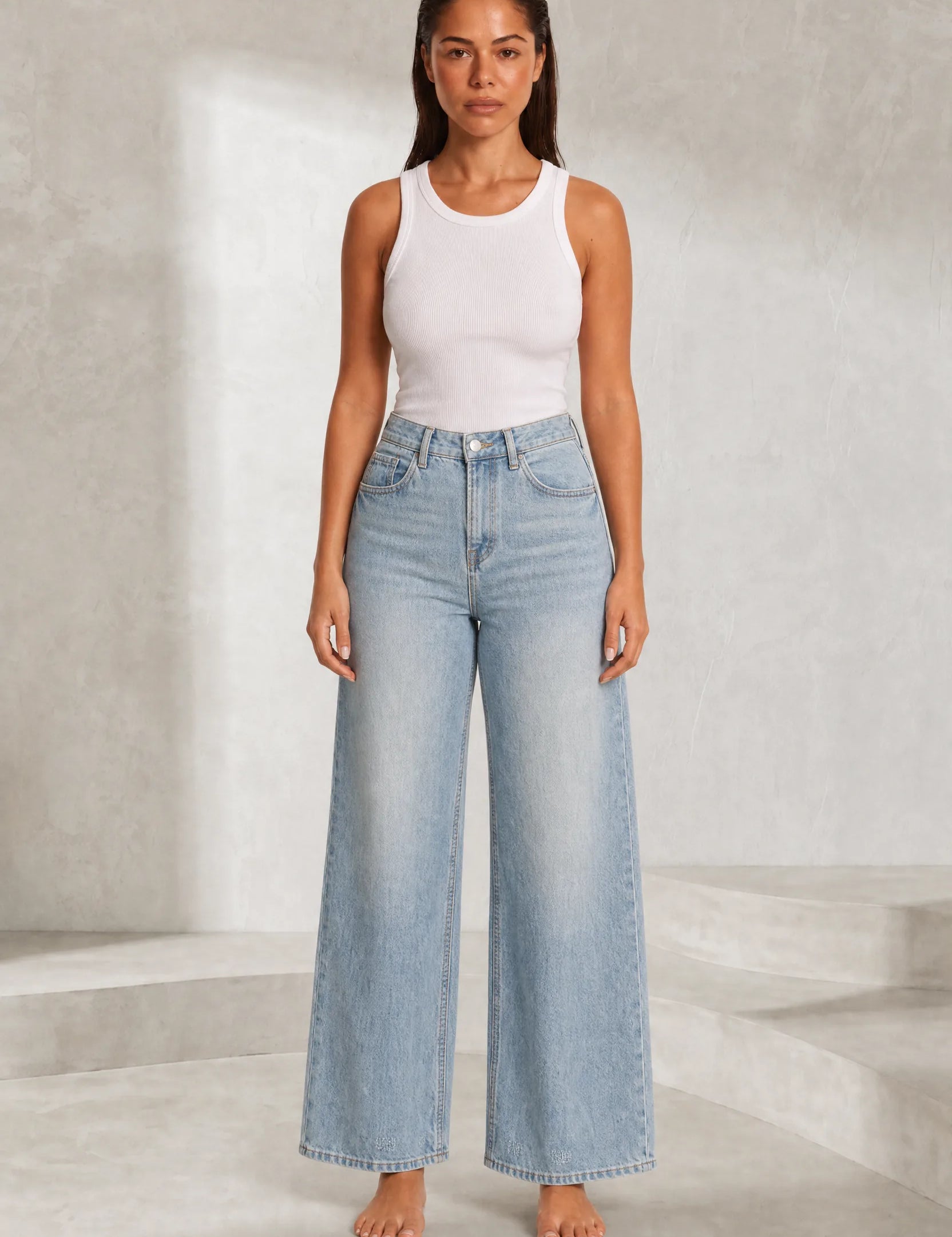 Jean bleu clair taille haute large | Lounelle Paris