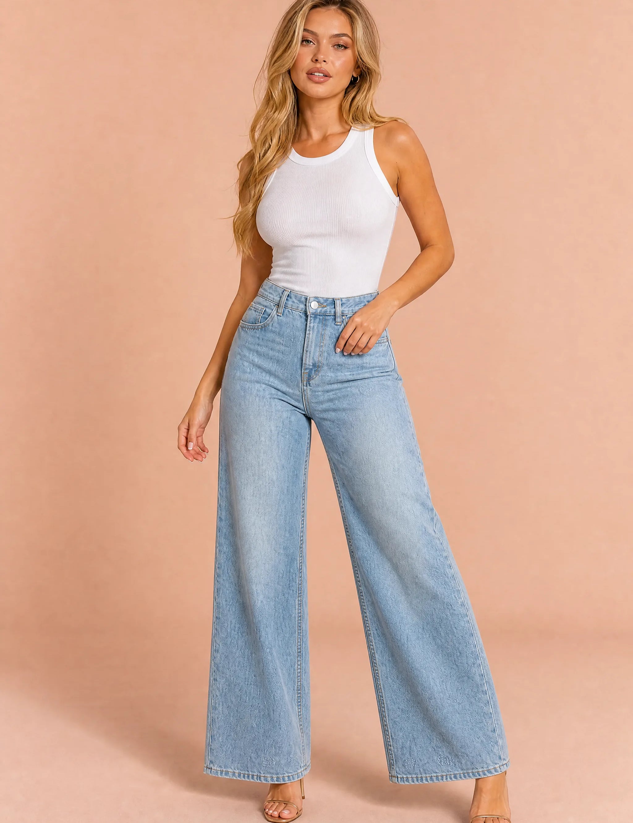 Jean bleu clair taille haute large | Vue de face | Lounelle Paris