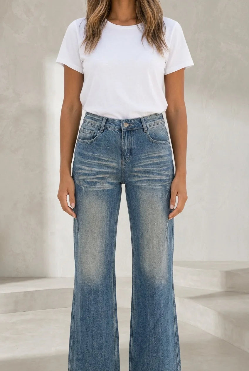 Jean bleu délavé jambe évasée | Lounelle Paris