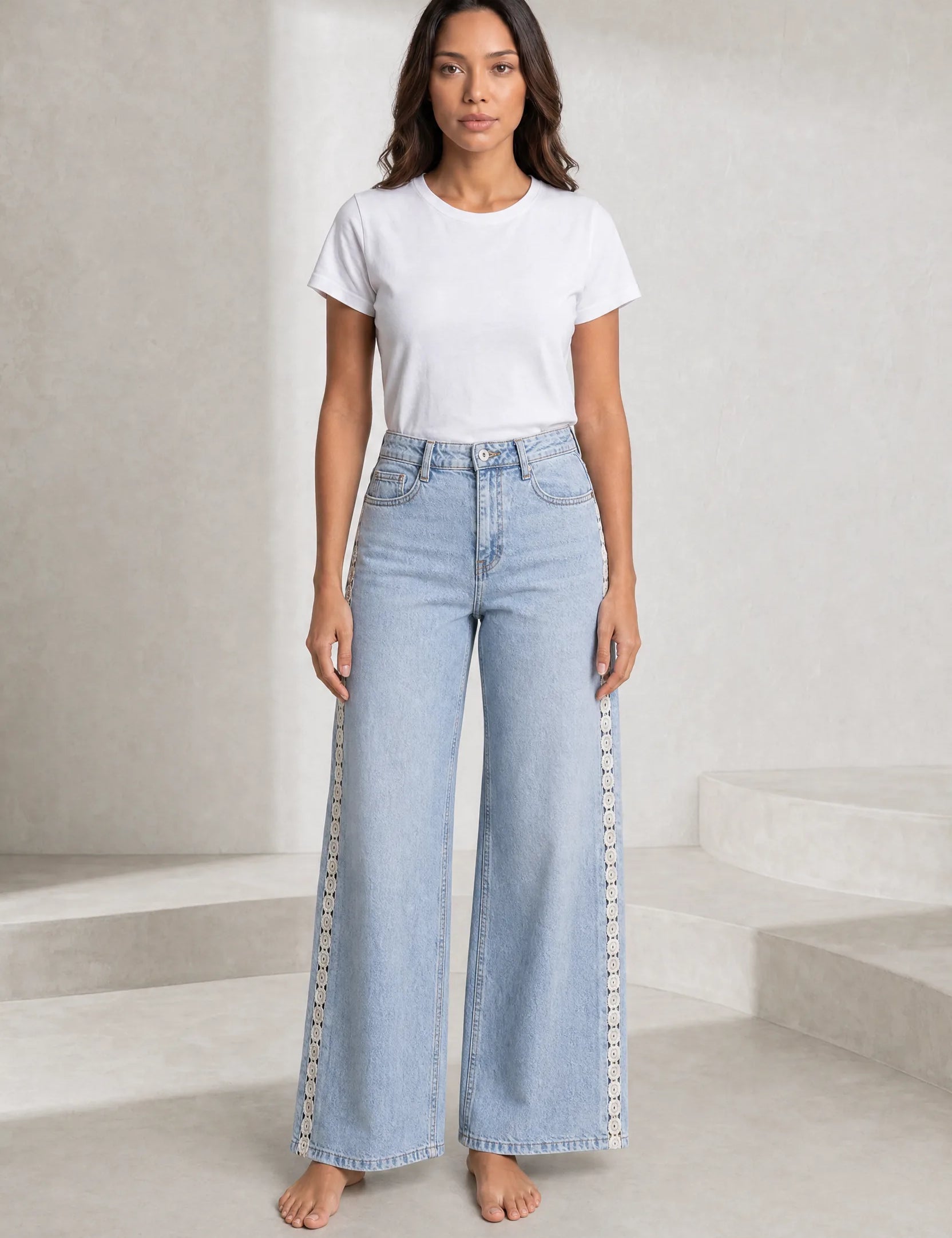 Jean bleu jambe large crochet | Lounelle Paris