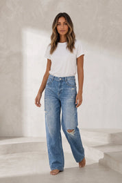 Jean bleu moyen jambe large taille repliée | Lounelle Paris