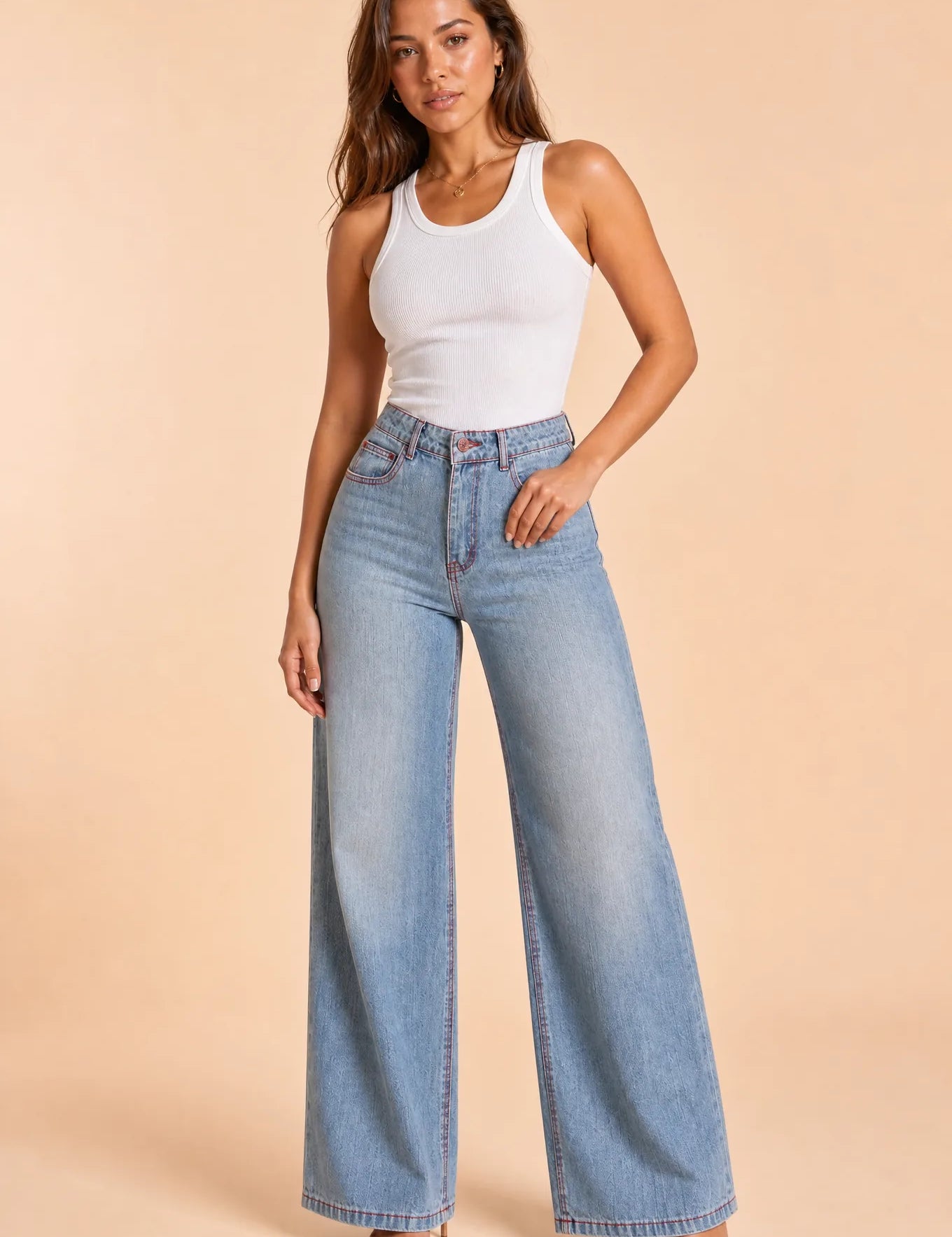 Jean bleu taille haute jambe large | Vue de face | Lounelle Paris