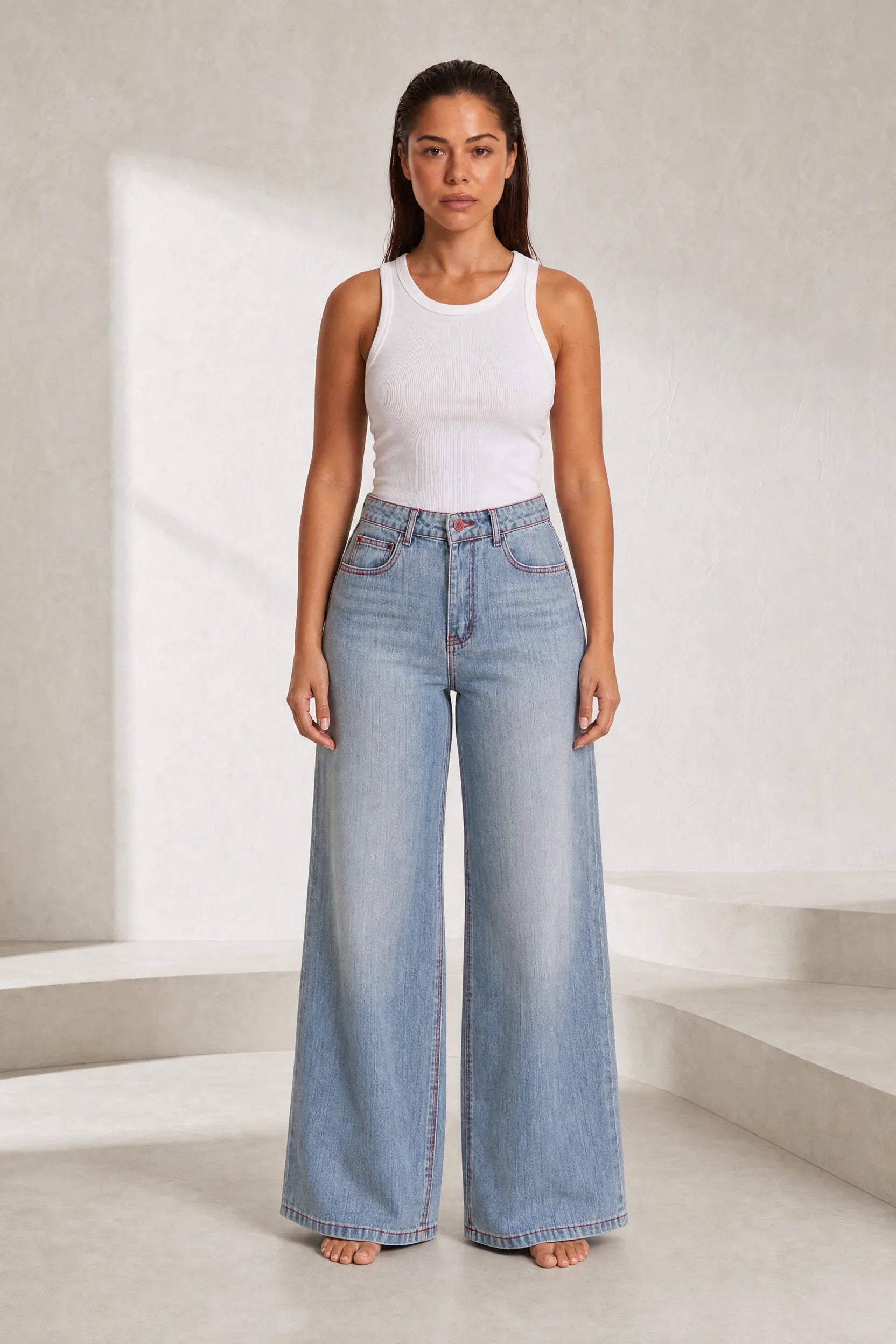 Jean bleu taille haute jambe large | Lounelle Paris