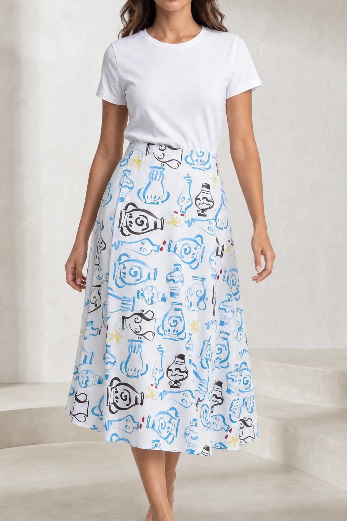 Jupe midi blanche fluide imprimée | Lounelle Paris