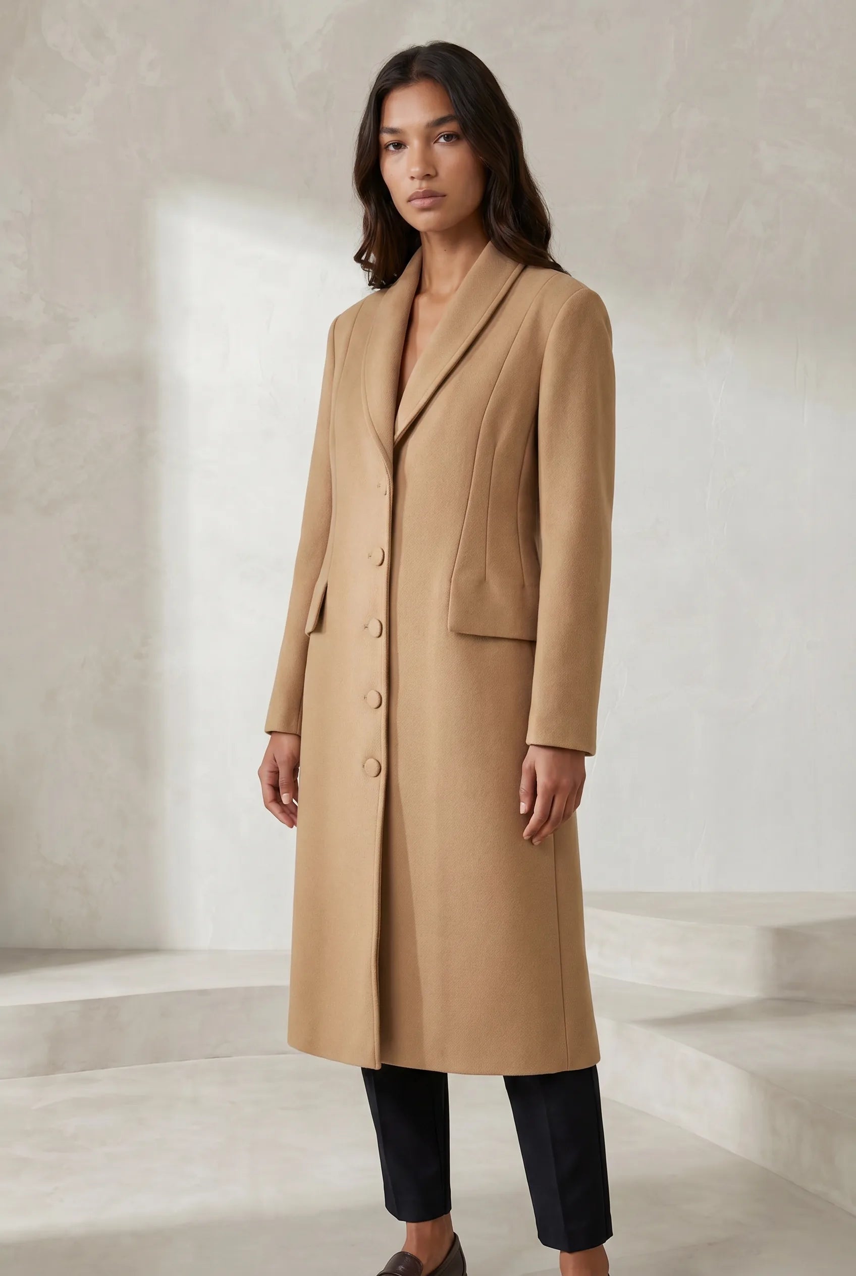 Manteau long cintré à col tailleur | Lounelle Paris