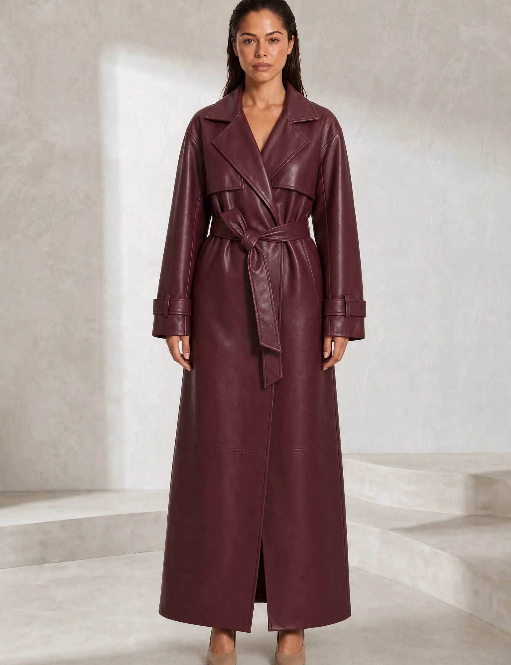 Manteau long effet cuir ceinturé | Lounelle Paris