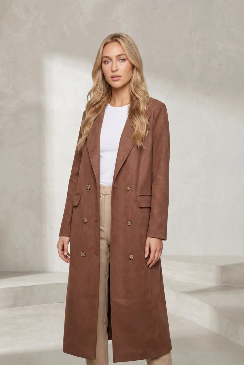 Manteau long marron effet suédine | Lounelle Paris