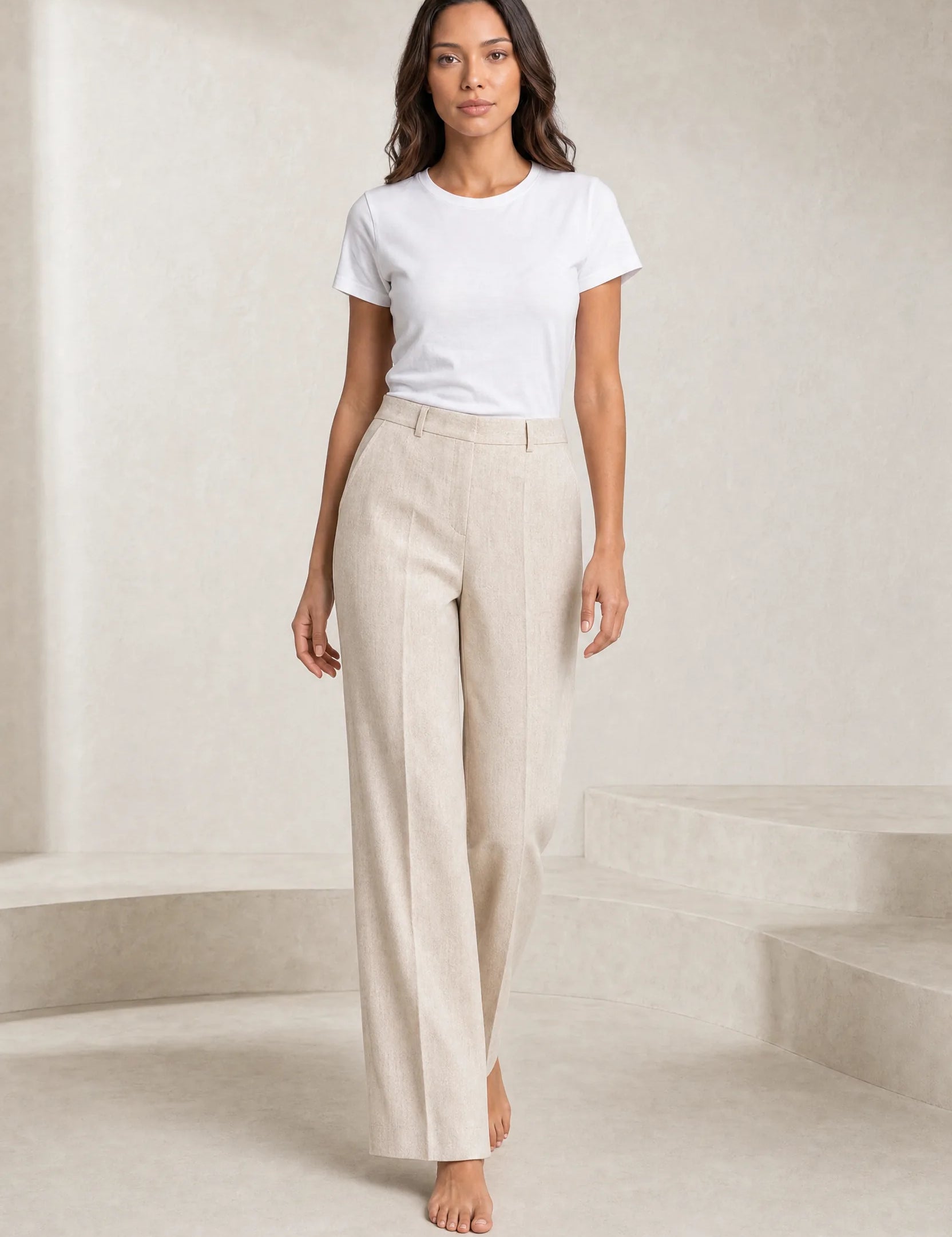 Pantalon beige coupe droite plissé | Lounelle Paris