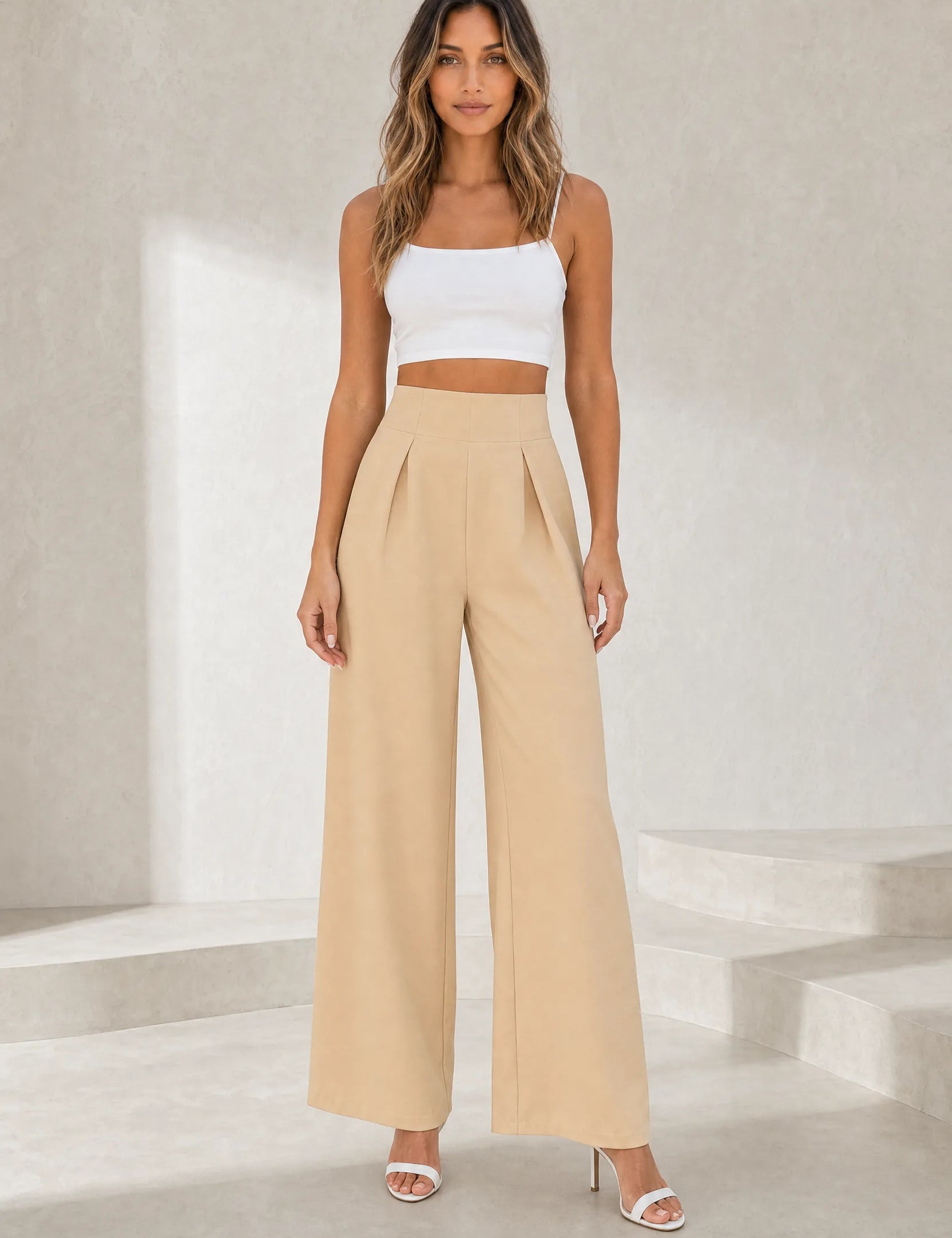 Pantalon beige taille haute jambes larges | Lounelle Paris