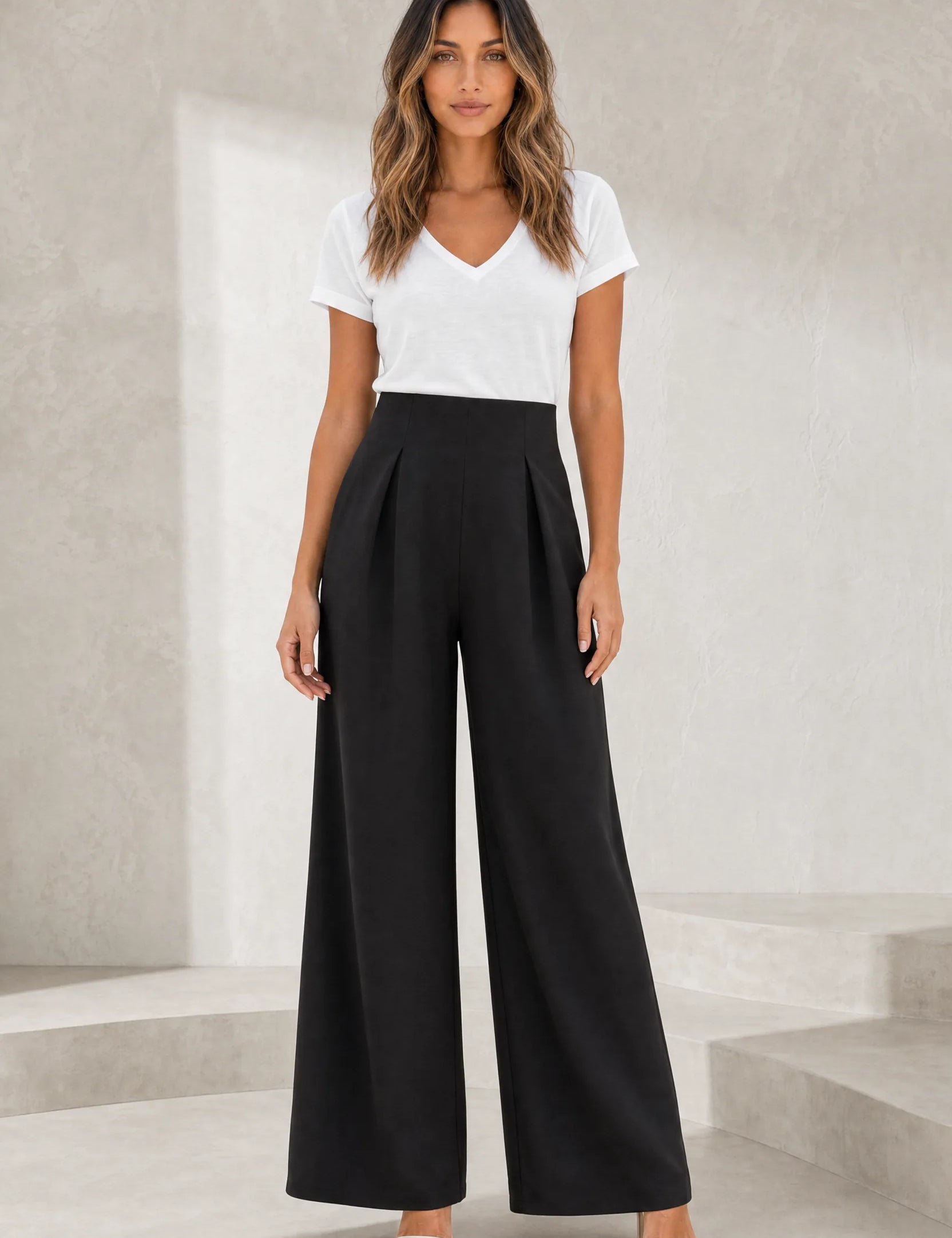 Pantalon beige taille haute jambes larges | Lounelle Paris