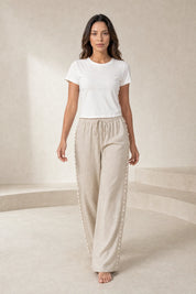 Pantalon large beige à coquillages | Lounelle Paris