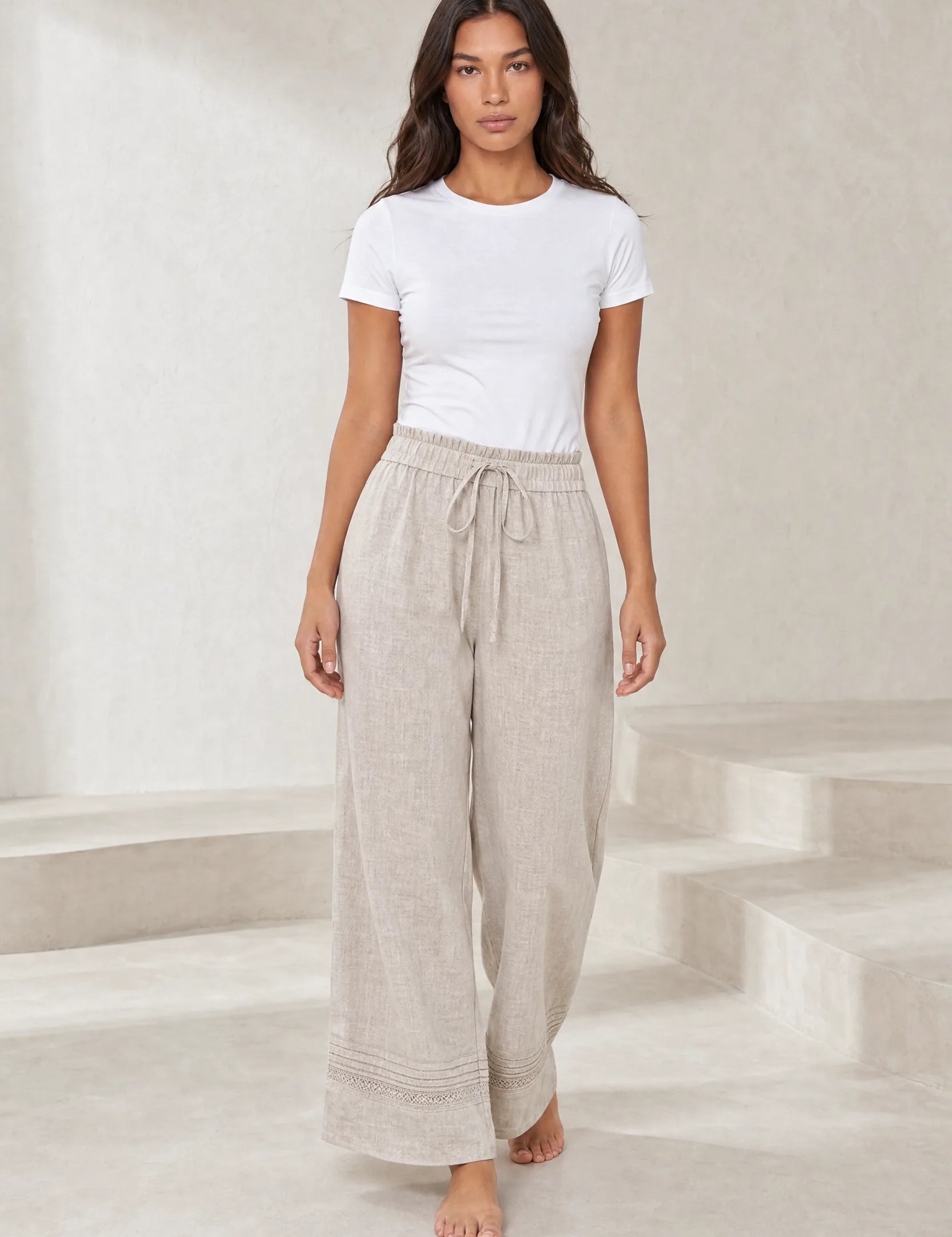Pantalon large beige taille haute | Lounelle Paris
