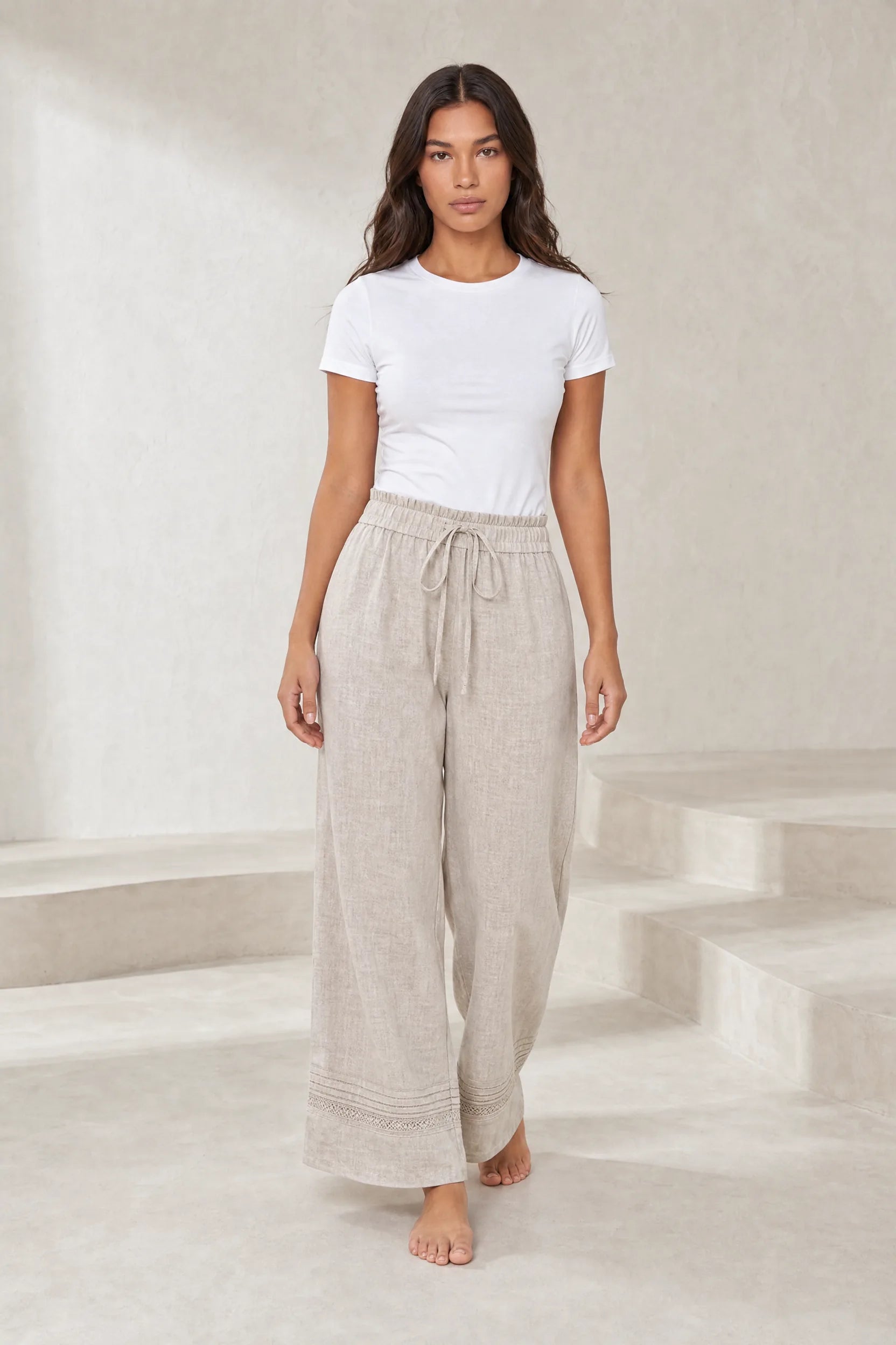Pantalon large beige taille haute | Lounelle Paris