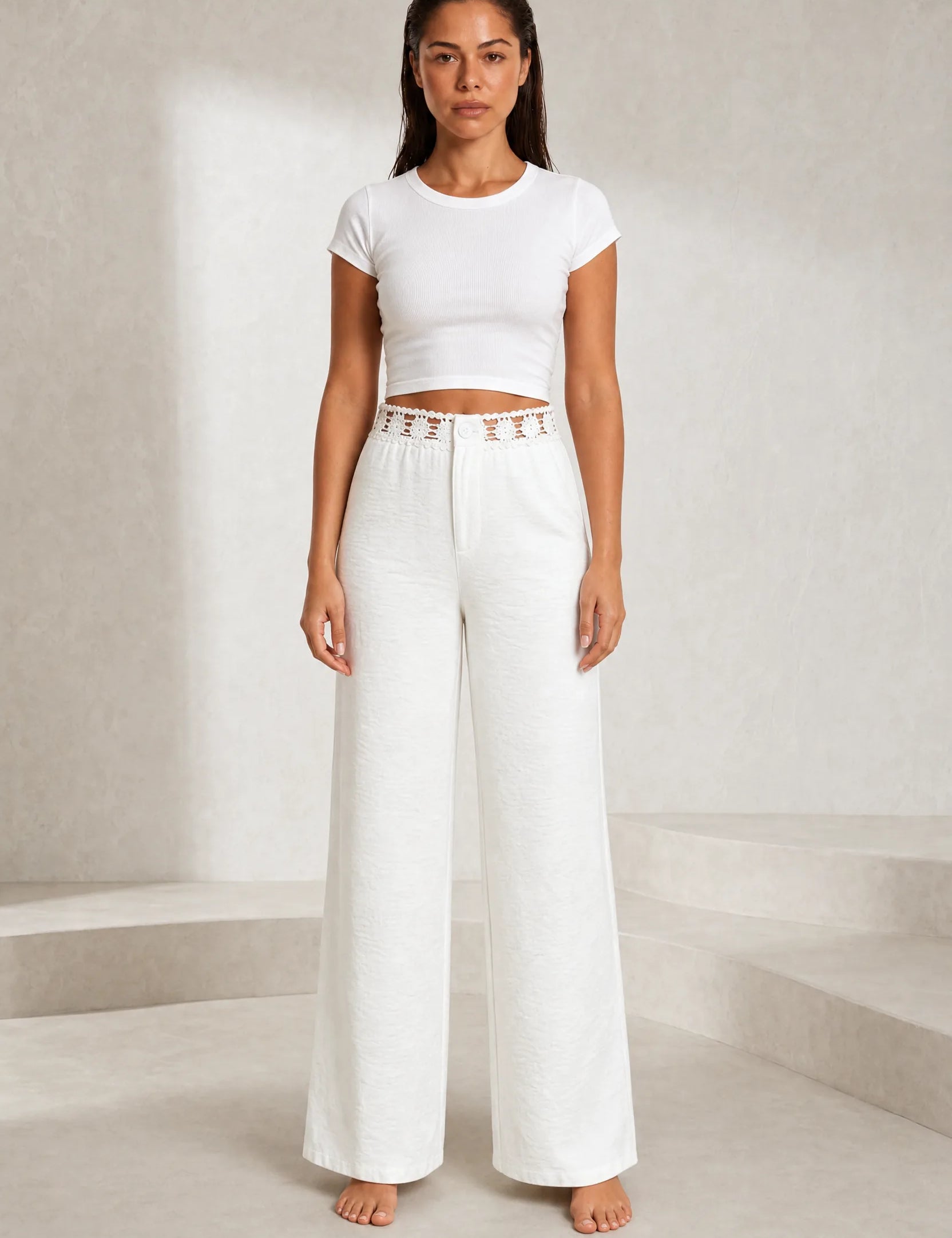 Pantalon large blanc ceinture dentelle | Lounelle Paris