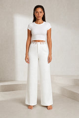 Pantalon large blanc ceinture dentelle