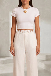Pantalon large blanc ceinture dentelle | Lounelle Paris