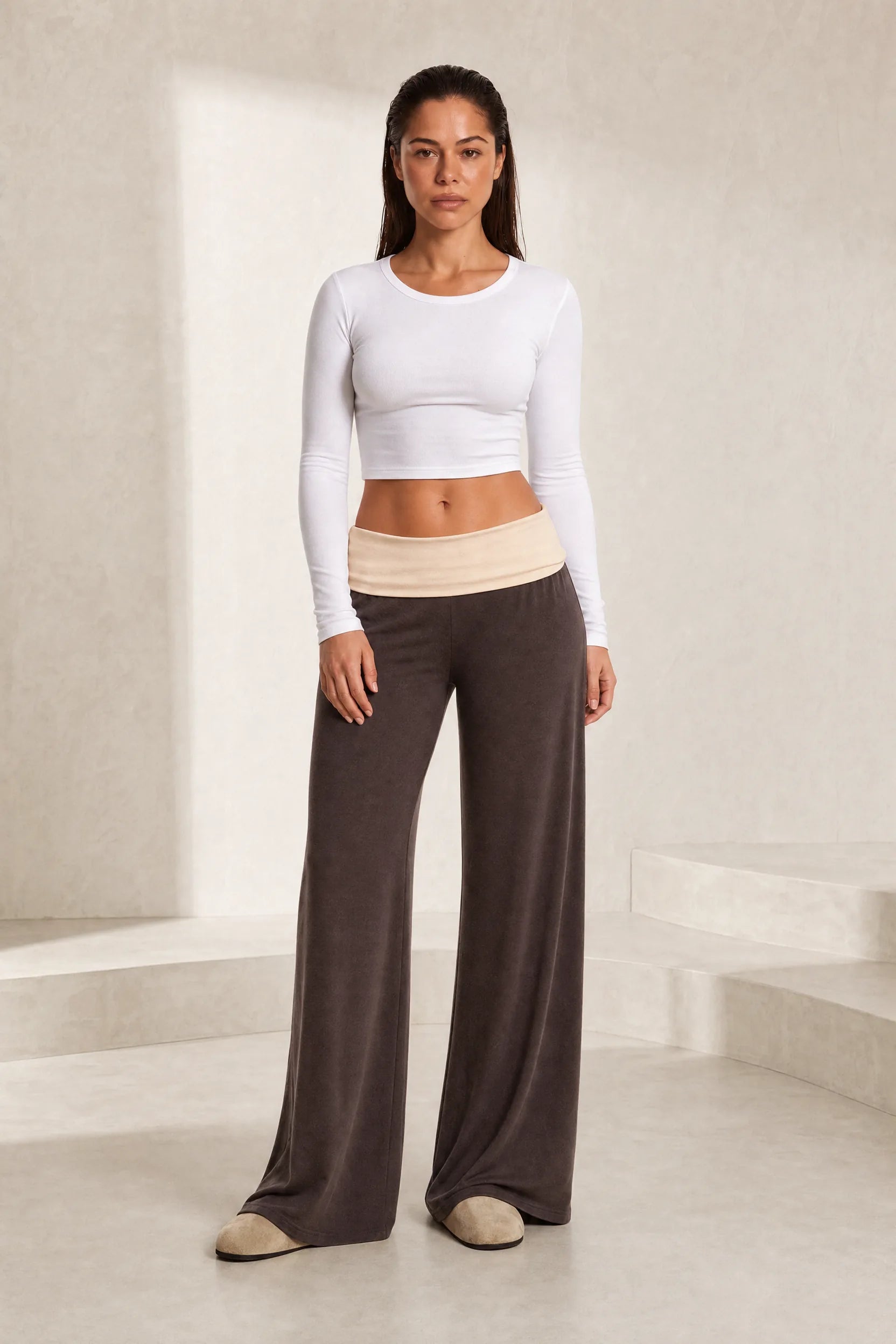 Pantalon large marron taille basse | Lounelle Paris