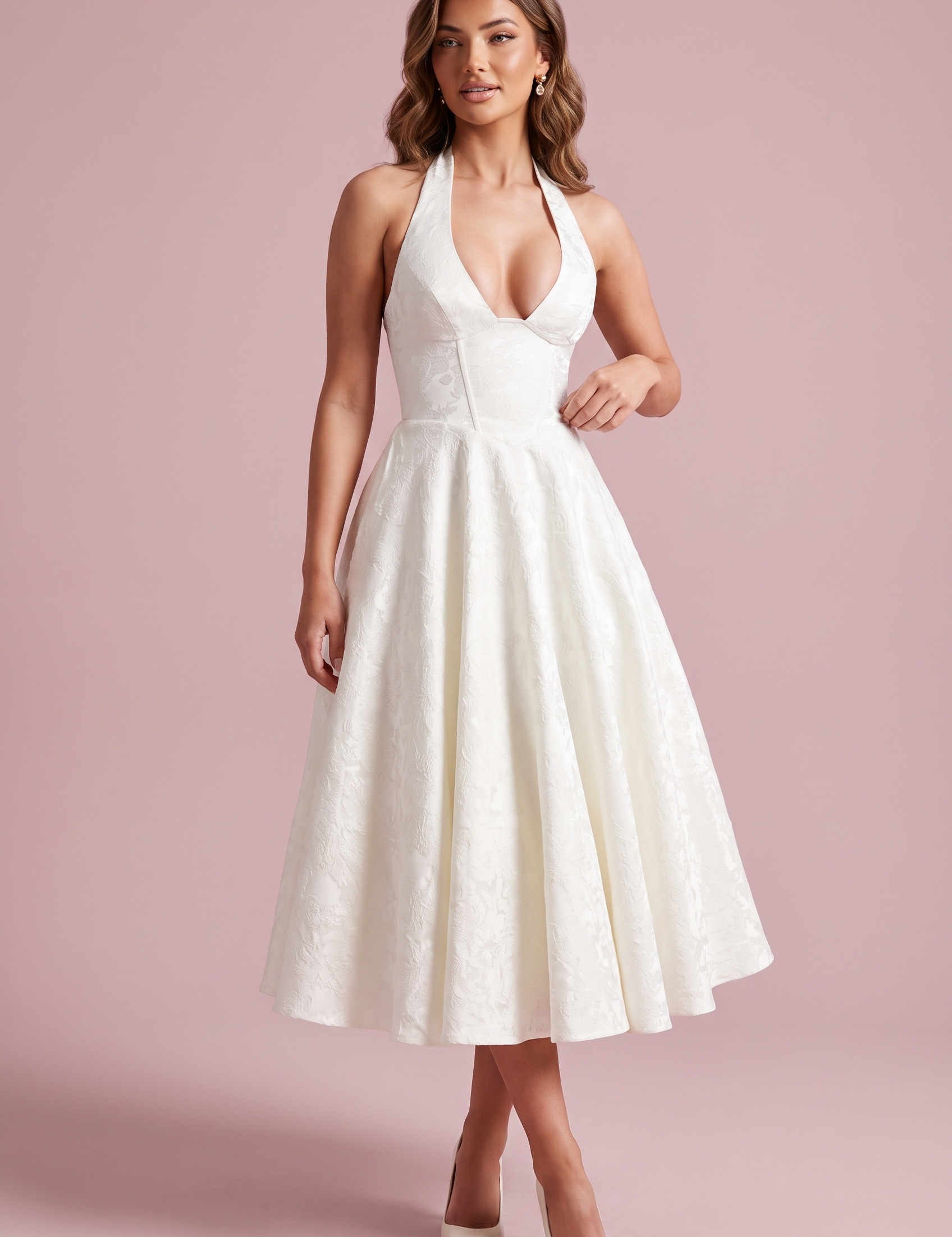 Robe midi jacquard à encolure dos nu écru | Vue de face | Lounelle Paris
