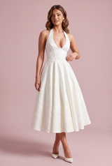 Jacquardkjole med halterneck og midilengde – offwhite